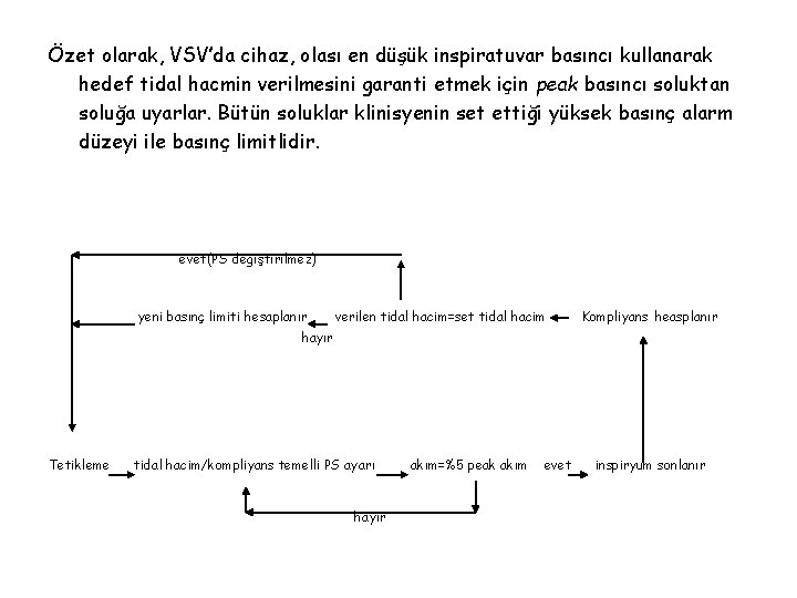 Özet olarak, VSV’da cihaz, olası en düşük inspiratuvar basıncı kullanarak hedef tidal hacmin verilmesini