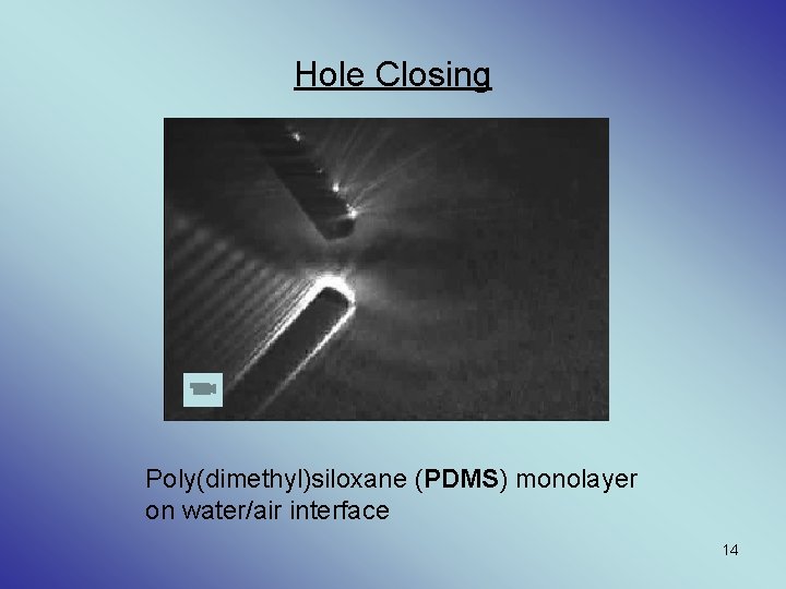 Hole Closing Poly(dimethyl)siloxane (PDMS) monolayer on water/air interface 14 