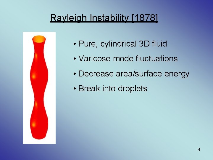 Rayleigh Instability [1878] • Pure, cylindrical 3 D fluid • Varicose mode fluctuations •