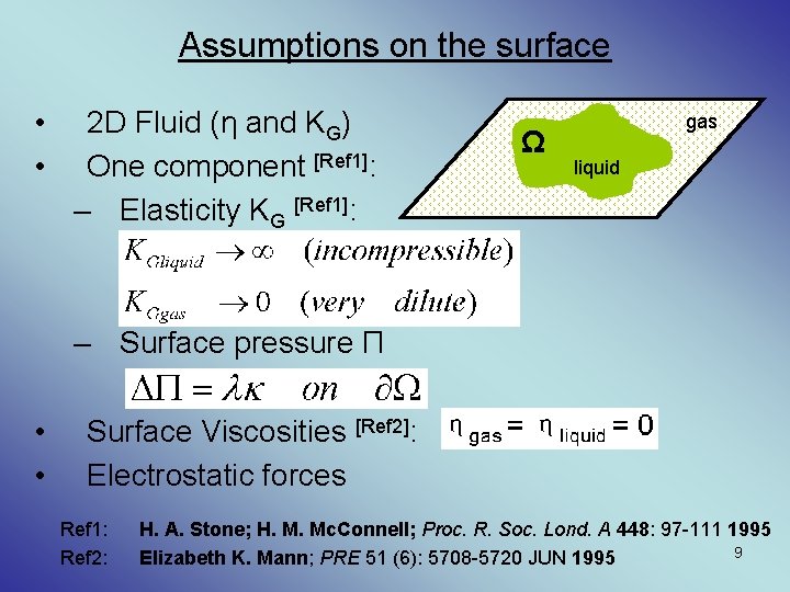 Assumptions on the surface • • 2 D Fluid (η and KG) One component