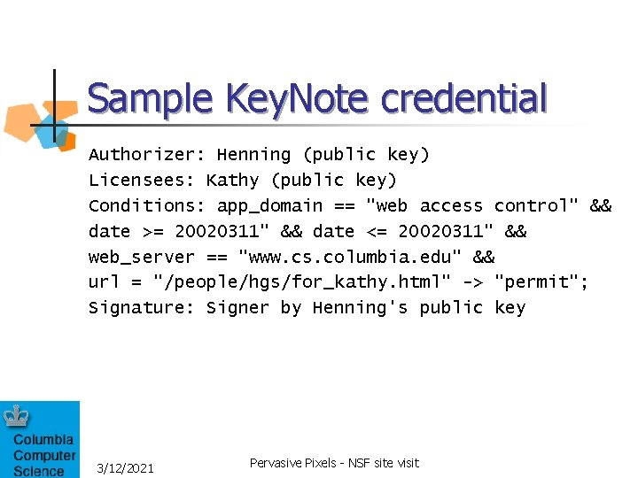 Sample Key. Note credential Authorizer: Henning (public key) Licensees: Kathy (public key) Conditions: app_domain Sample Key. Note credential Authorizer: Henning (public key) Licensees: Kathy (public key) Conditions: app_domain