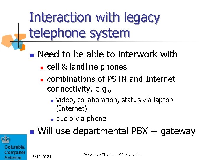 Interaction with legacy telephone system n Need to be able to interwork with n Interaction with legacy telephone system n Need to be able to interwork with n