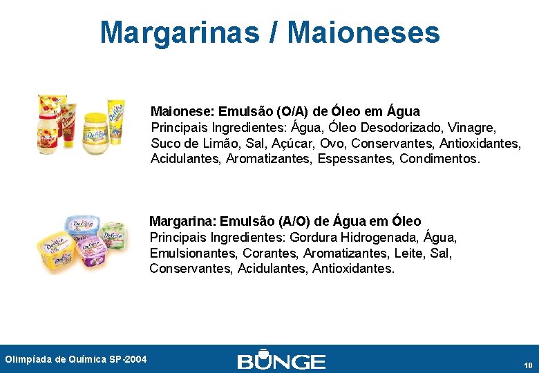 Margarinas / Maioneses Maionese: Emulsão (O/A) de Óleo em Água Principais Ingredientes: Água, Óleo