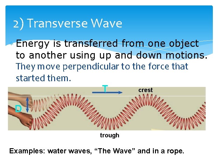 2) Transverse Wave Energy is transferred from one object to another using up and