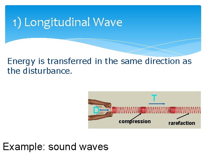 1) Longitudinal Wave Energy is transferred in the same direction as the disturbance. T