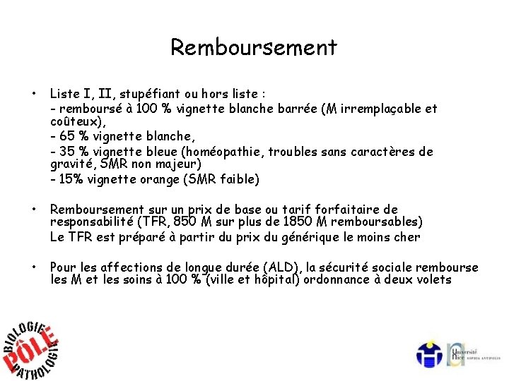 Remboursement • Liste I, II, stupéfiant ou hors liste : - remboursé à 100