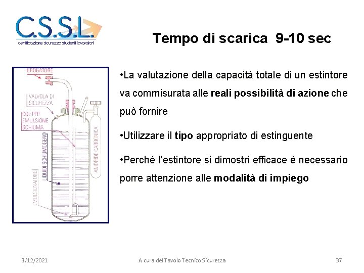 Estintori Tempo di scarica 9 -10 sec • La valutazione della capacità totale di