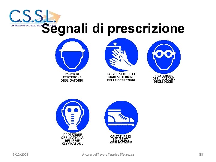 Segnali di prescrizione 3/12/2021 A cura del Tavolo Tecnico Sicurezza 58 