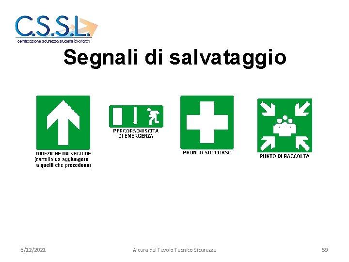 Segnali di salvataggio 3/12/2021 A cura del Tavolo Tecnico Sicurezza 59 