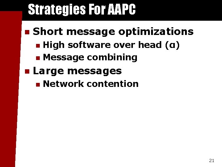 Strategies For AAPC n Short message optimizations High software over head (α) n Message