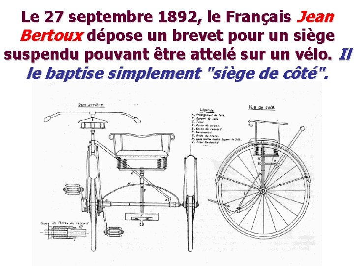 Le 27 septembre 1892, le Français Jean Bertoux dépose un brevet pour un siège