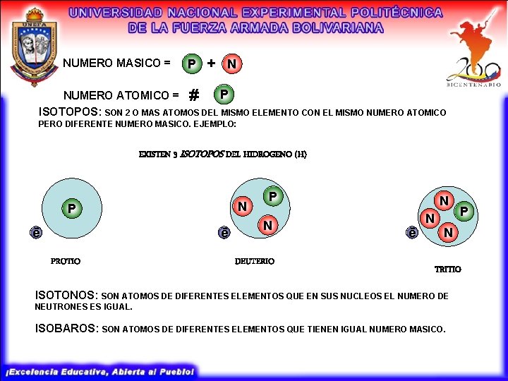 NUMERO MASICO = P + N P NUMERO ATOMICO = # ISOTOPOS: SON 2