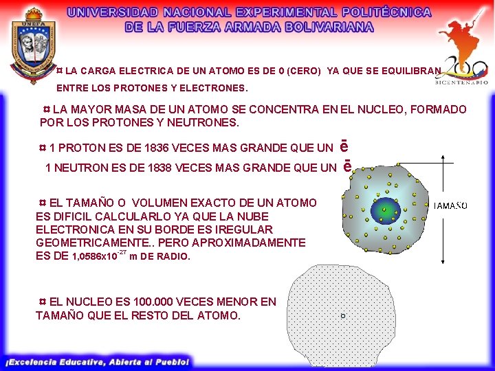 ¤ LA CARGA ELECTRICA DE UN ATOMO ES DE 0 (CERO) YA QUE SE