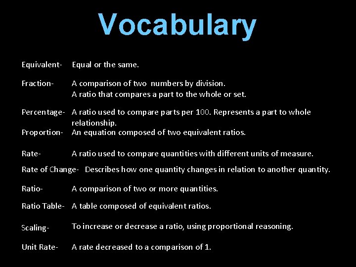 Vocabulary Equivalent- Equal or the same. Fraction- A comparison of two numbers by division.