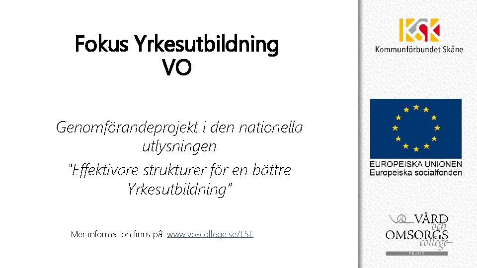 Fokus Yrkesutbildning VO Genomförandeprojekt i den nationella utlysningen "Effektivare strukturer för en bättre Yrkesutbildning”