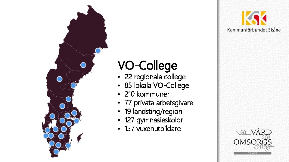 VO-College • • 22 regionala college 85 lokala VO-College 210 kommuner 77 privata arbetsgivare