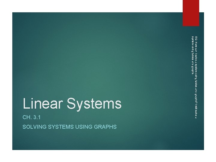 CH. 3. 1 SOLVING SYSTEMS USING GRAPHS EQ: How can I solve a system