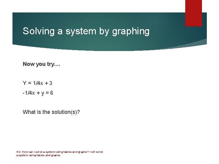 Solving a system by graphing Now you try… Y = 1/4 x + 3