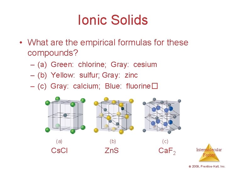 Ionic Solids • What are the empirical formulas for these compounds? – (a) Green:
