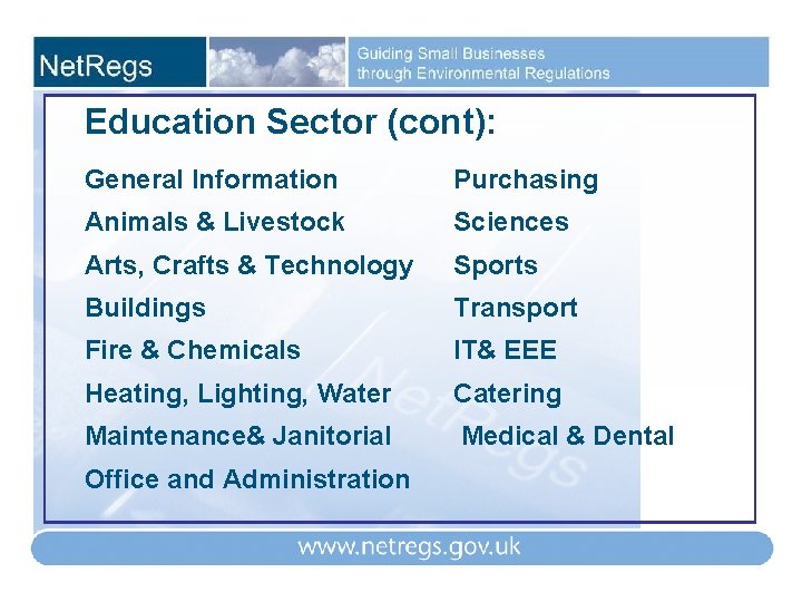 Education Sector (cont): General Information Purchasing Animals & Livestock Sciences Arts, Crafts & Technology