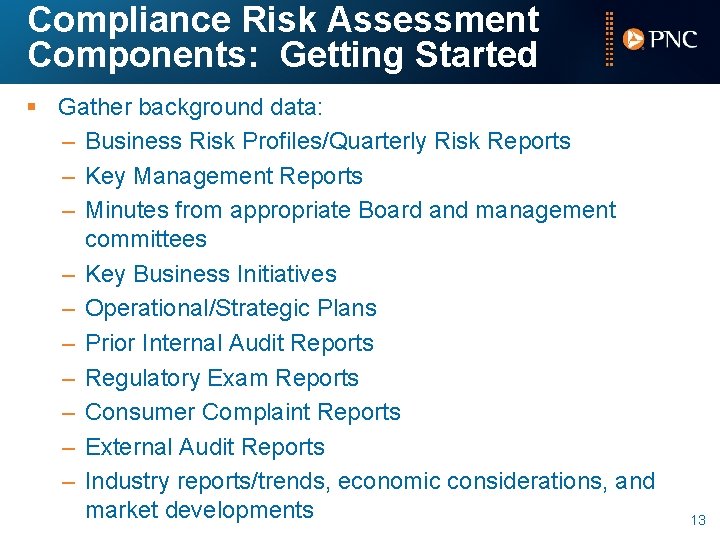 Compliance Risk Assessment Components: Getting Started § Gather background data: – Business Risk Profiles/Quarterly