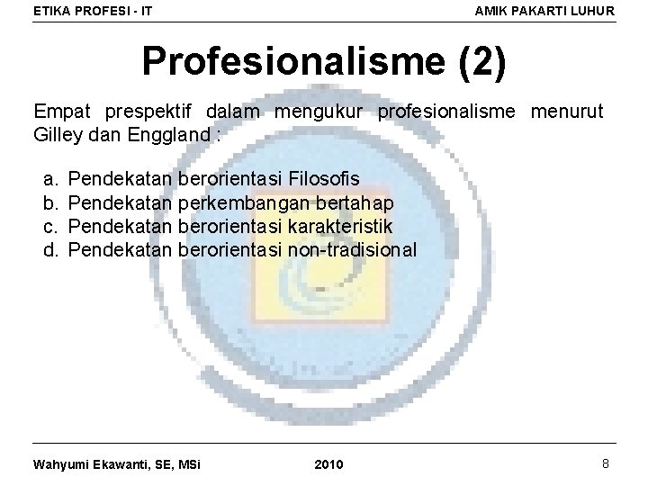 ETIKA PROFESI - IT AMIK PAKARTI LUHUR Profesionalisme (2) Empat prespektif dalam mengukur profesionalisme