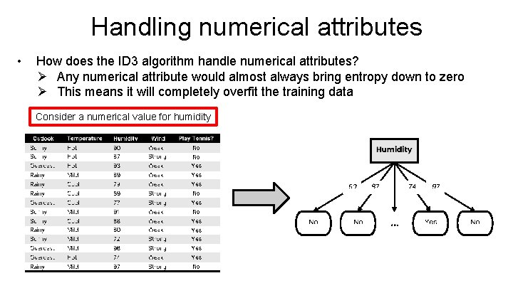 Handling numerical attributes • How does the ID 3 algorithm handle numerical attributes? Ø