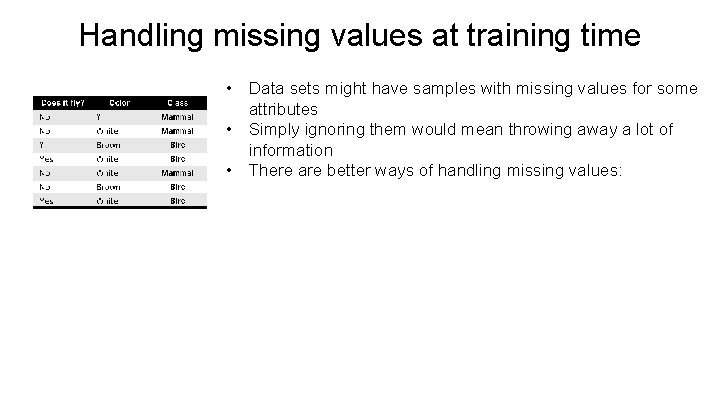 Handling missing values at training time • Data sets might have samples with missing