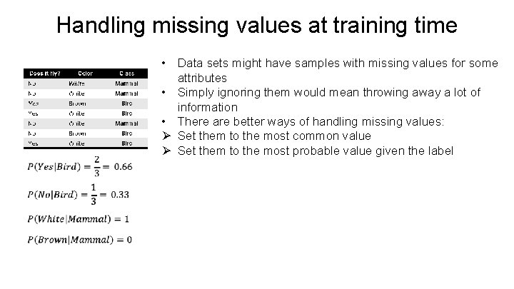 Handling missing values at training time • Data sets might have samples with missing