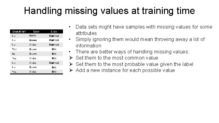 Handling missing values at training time • Data sets might have samples with missing