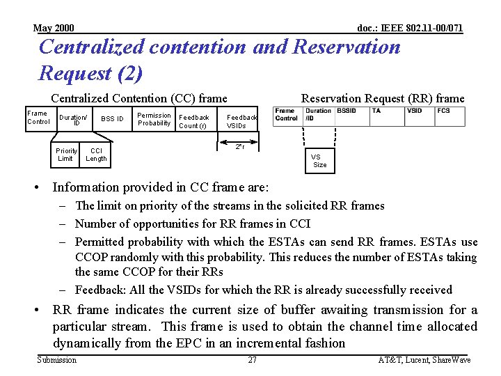 May 2000 doc. : IEEE 802. 11 -00/071 Centralized contention and Reservation Request (2)