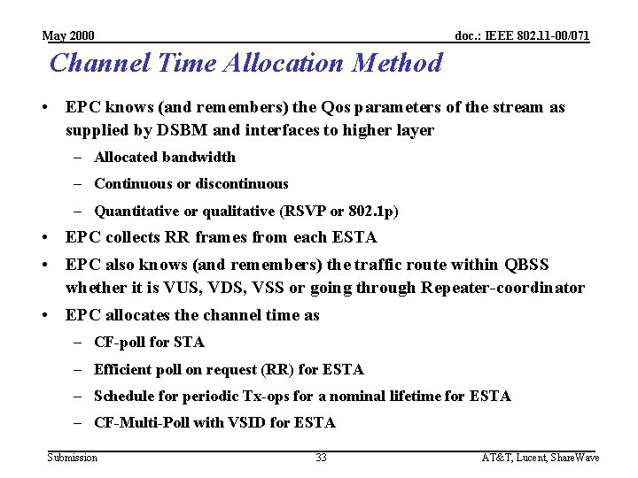 May 2000 doc. : IEEE 802. 11 -00/071 Channel Time Allocation Method • EPC