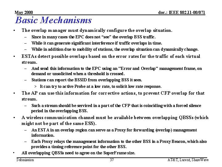 May 2000 doc. : IEEE 802. 11 -00/071 Basic Mechanisms • The overlap manager