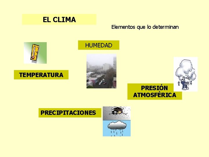 EL CLIMA Elementos que lo determinan HUMEDAD TEMPERATURA PRESIÓN ATMOSFÉRICA PRECIPITACIONES 