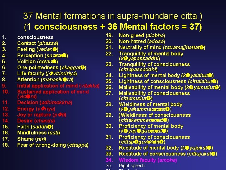 37 Mental formations in supra-mundane citta. ) (1 consciousness + 36 Mental factors = 37 Mental formations in supra-mundane citta. ) (1 consciousness + 36 Mental factors =