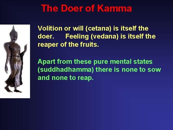 The Doer of Kamma Volition or will (cetana) is itself the doer. Feeling (vedana) The Doer of Kamma Volition or will (cetana) is itself the doer. Feeling (vedana)