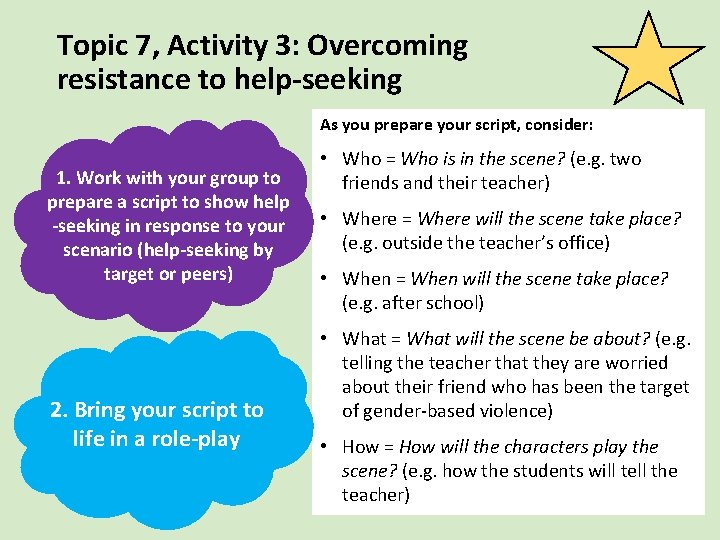 Topic 7, Activity 3: Overcoming resistance to help-seeking As you prepare your script, consider: