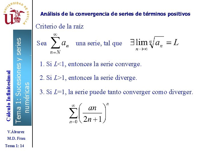 Análisis de la convergencia de series de términos positivos Tema 1: Sucesiones y series Análisis de la convergencia de series de términos positivos Tema 1: Sucesiones y series
