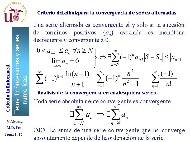 Tema 1: Sucesiones y series numéricas Cálculo Infinitesimal Criterio de. Leibnizpara la convergencia de Tema 1: Sucesiones y series numéricas Cálculo Infinitesimal Criterio de. Leibnizpara la convergencia de