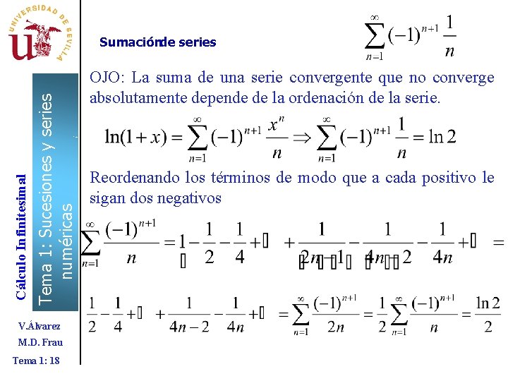 Tema 1: Sucesiones y series numéricas Cálculo Infinitesimal Sumaciónde series V. Álvarez M. D. Tema 1: Sucesiones y series numéricas Cálculo Infinitesimal Sumaciónde series V. Álvarez M. D.