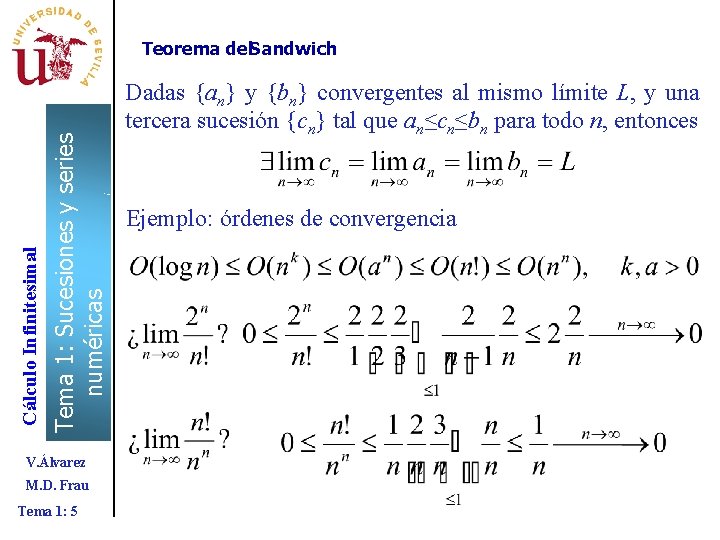 Tema 1: Sucesiones y series numéricas Cálculo Infinitesimal Teorema del. Sandwich V. Álvarez M. Tema 1: Sucesiones y series numéricas Cálculo Infinitesimal Teorema del. Sandwich V. Álvarez M.