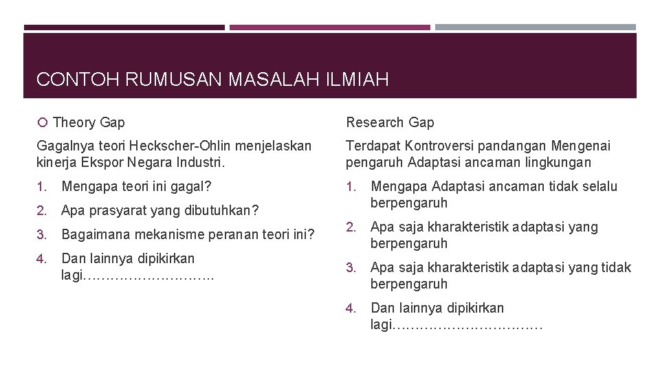 CONTOH RUMUSAN MASALAH ILMIAH Theory Gap Research Gap Gagalnya teori Heckscher-Ohlin menjelaskan kinerja Ekspor