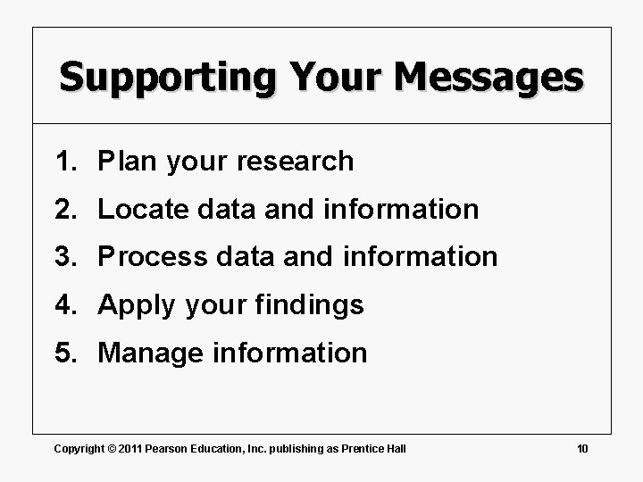Supporting Your Messages 1. Plan your research 2. Locate data and information 3. Process