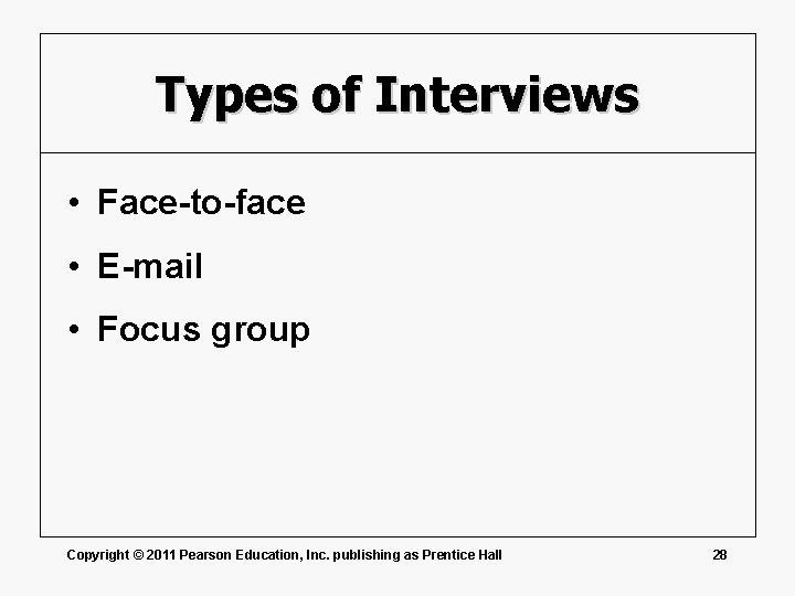 Types of Interviews • Face-to-face • E-mail • Focus group Copyright © 2011 Pearson