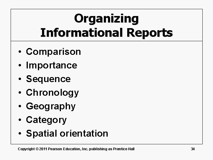 Organizing Informational Reports • • Comparison Importance Sequence Chronology Geography Category Spatial orientation Copyright