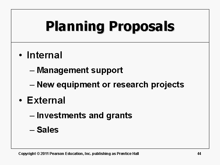 Planning Proposals • Internal – Management support – New equipment or research projects •