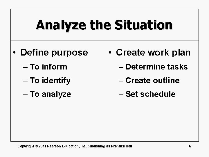 Analyze the Situation • Define purpose • Create work plan – To inform –