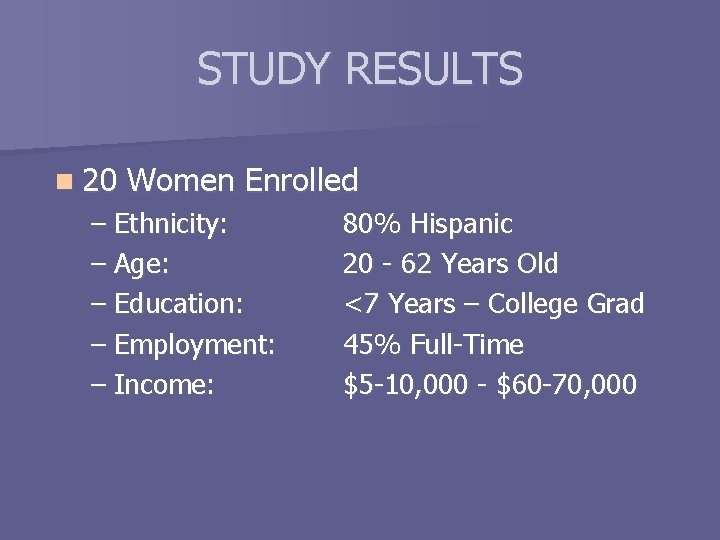 STUDY RESULTS n 20 Women Enrolled – Ethnicity: – Age: – Education: – Employment: