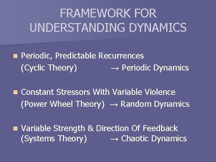 FRAMEWORK FOR UNDERSTANDING DYNAMICS n Periodic, Predictable Recurrences (Cyclic Theory) → Periodic Dynamics n