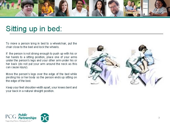 Sitting up in bed: To move a person lying in bed to a wheelchair,